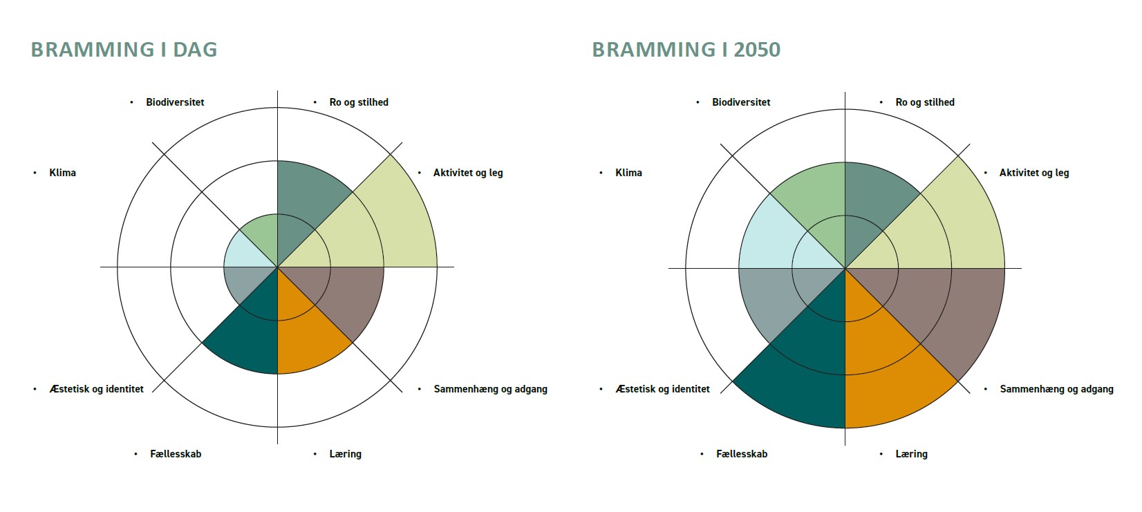 Statuskompas og udviklingskompas for Bramming opstillet ved hjælp af det grønne værktøj. 